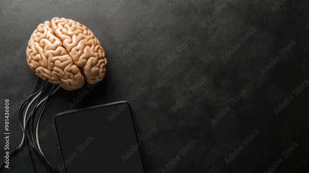 Poster A brain is on a table next to a black cell phone. The brain is cut in half and the phone is turned off. Scene is mysterious and intriguing
