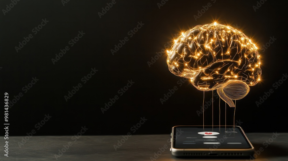 Fototapete A conceptual image featuring a glowing brain made of wire connections linked to a smartphone, symbolizing artificial intelligence, digital technology, and neural networks.
