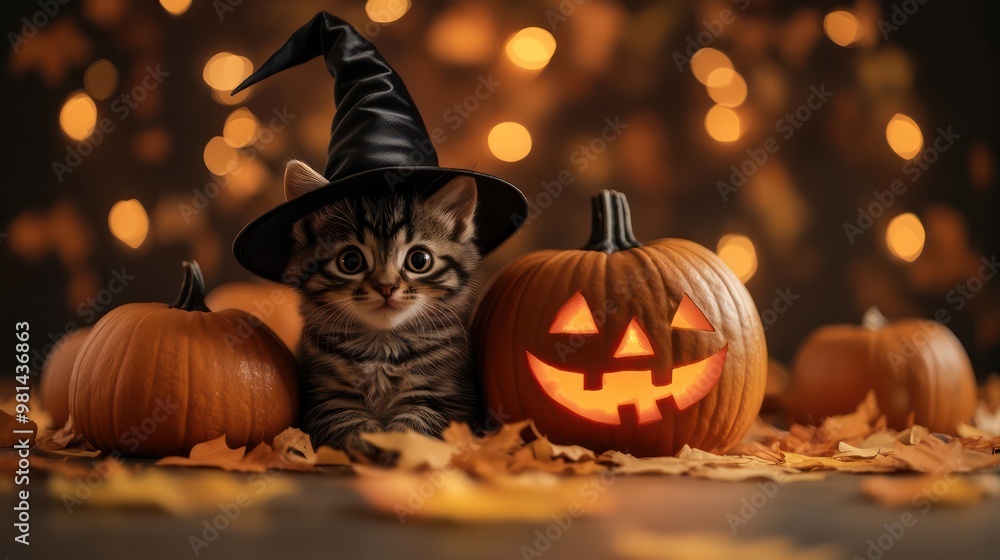 Poster a cat wearing a black hat stands in front of a pumpkin and two other pumpkins. the scene is set in a