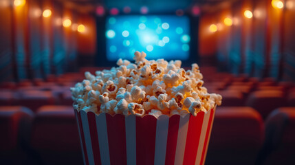 Popcorn in the background of a cinema before the start of a film