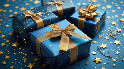 Blue gifts with golden bows and ribbons placed on blue background near stars