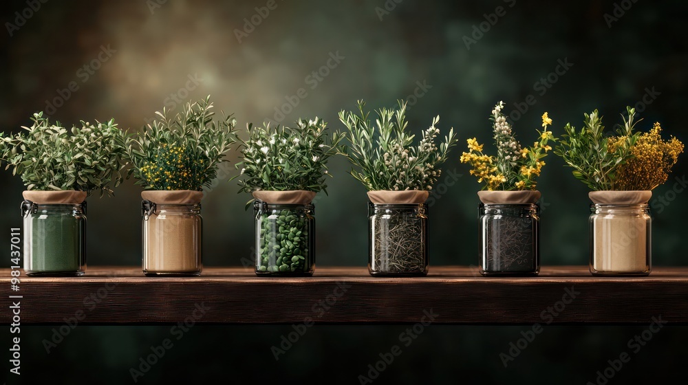 Aufkleber A row of vases with different herbs and spices in them. The vases are arranged in a line on a wooden shelf
