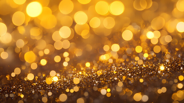 Gold blurry defocused sparcle glitter gold bokeh background wallpaper with copy space. Bokeh. Illustration