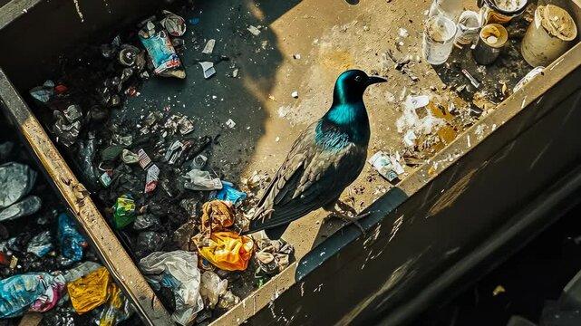 A pigeon rummages through a dumpster filled with various trash items in an urban area. The scene is captured during the day, highlighting the mess and detritus of city life.