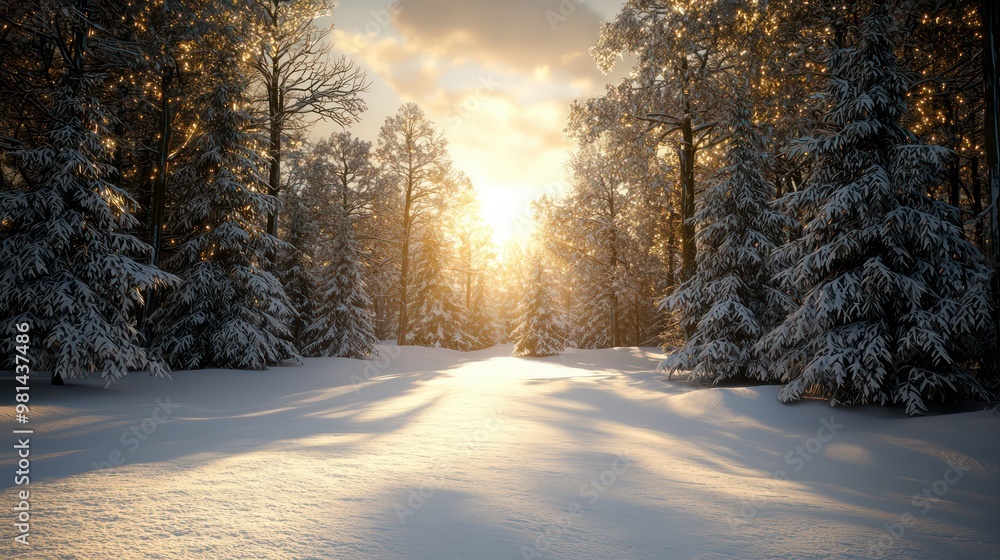 Aufkleber a snowy forest with a sun shining through the trees. the sun is casting a warm glow on the snow and 