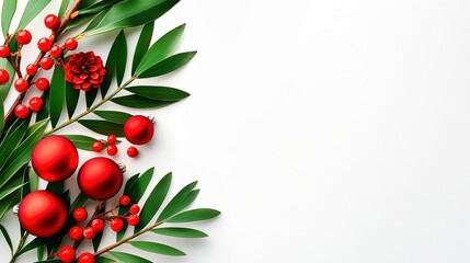 Obraz premium Christmas decoration with orange fruits and green leaves on white background