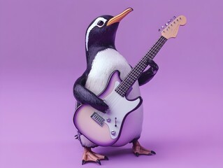 Stylish Penguin Rocking Out on Electric Guitar Against Pastel Purple Backdrop