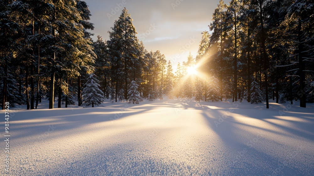 Poster a snowy field with trees in the background and a sun shining through the trees. the sun is casting a