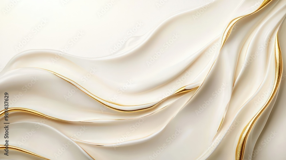 Poster sleek and modern abstract design featuring elegant white waves with flowing gold accents, creating a
