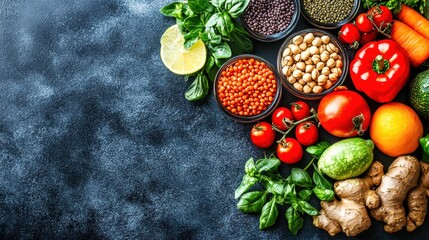 Fototapeta premium Glucose meter surrounded by fresh fruits, vegetables, berries and supplements on black background