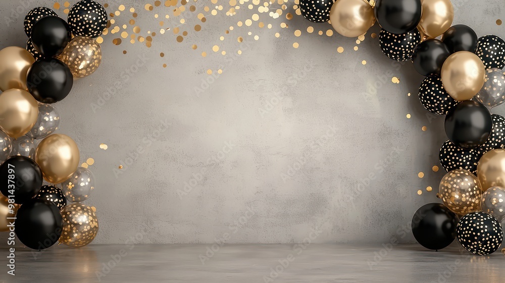 Poster a black and gold balloon arch with a white background. the balloons are arranged in a way that creat