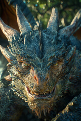 A menacing dragon with scales and horns in a fantasy world