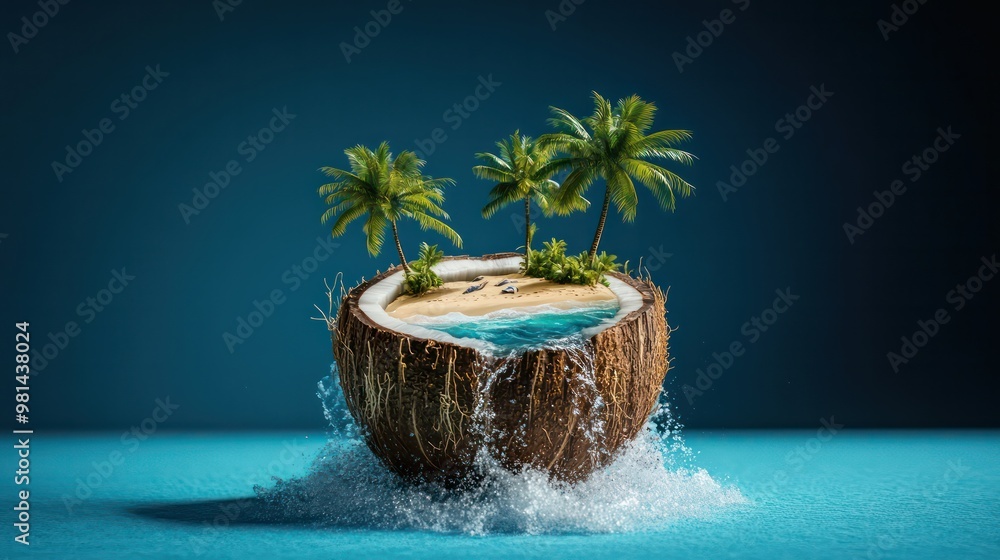 Aufkleber a coconut with a small pool of water inside of it. the water is splashing out of the coconut and ont