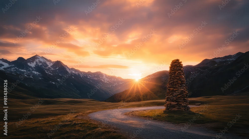 Aufkleber a mountain range is in the background with a sun shining on a stone structure. the sun is setting, c
