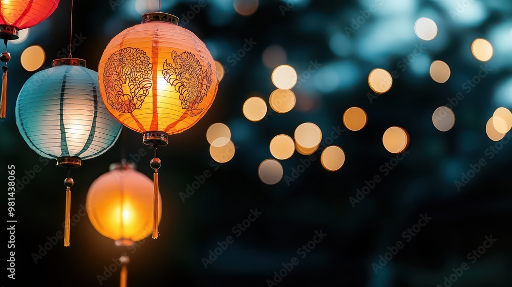 Aufkleber A group of colorful lanterns hanging from the ceiling. The lanterns are of different sizes and colors, creating a festive and lively atmosphere. The scene is set against a dark background