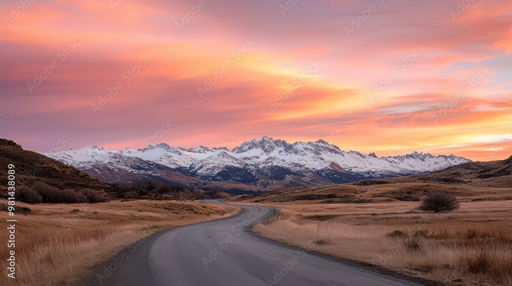 Poster a road with mountains in the background and a beautiful sunset. the sky is filled with clouds and th