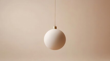 a minimalist christmas ornament featuring a pristine white sphere with a subtle metallic sheen suspended by a delicate gold thread against a soft neutral background