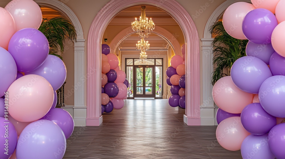 Poster a long hallway with pink and purple balloons. the balloons are arranged in a way that creates a sens