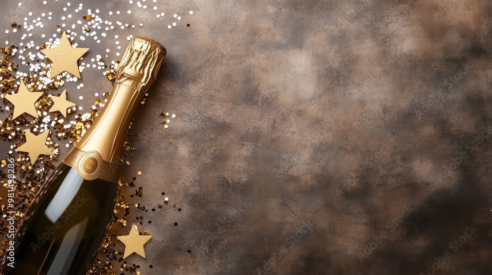 Poster a bottle of champagne is on a table with a bunch of gold stars. the bottle is open and the champagne
