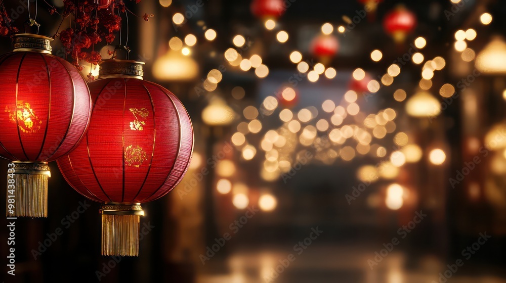 Poster Two red lanterns hanging from the ceiling, creating a warm and festive atmosphere. The lanterns are illuminated, casting a soft glow on the surrounding area. Concept of celebration and joy