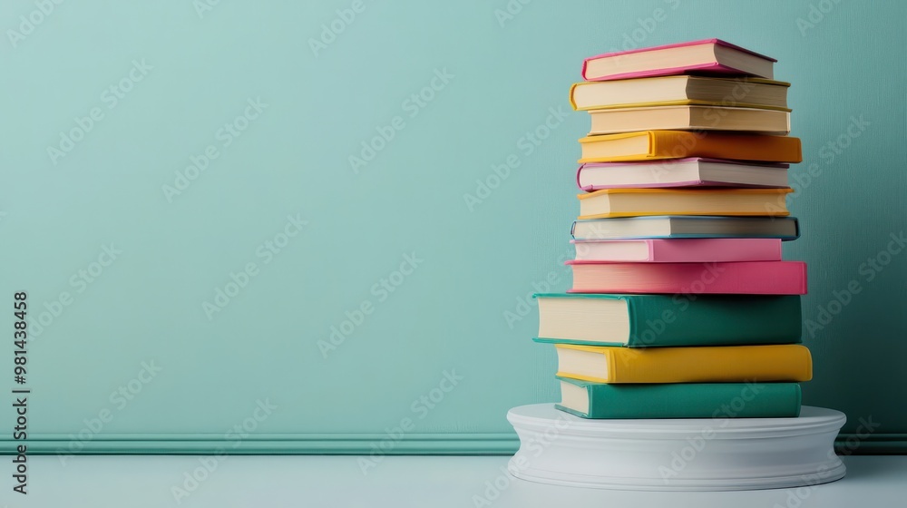 Aufkleber A stack of books on a white pedestal. The books are of different colors and sizes. Concept of knowledge and learning, as well as the idea of organization and order