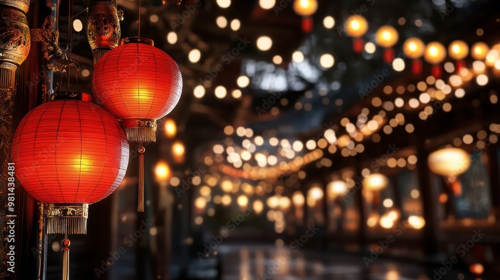 Aufkleber two red lanterns hanging from a building, creating a warm and inviting atmosphere. the lanterns are 