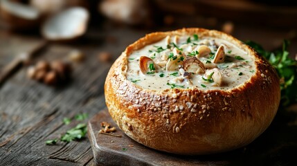 Creamy clam chowder nestled in a freshly baked bread bowl garnished with herbs