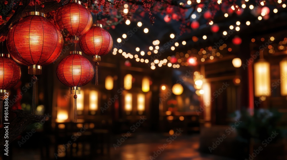 Poster A room with red lanterns hanging from the ceiling. The lanterns are lit up and create a warm and inviting atmosphere