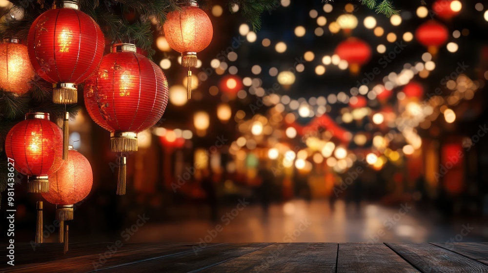 Poster A group of red lanterns are hanging from a tree. The lanterns are lit up and create a warm, festive atmosphere