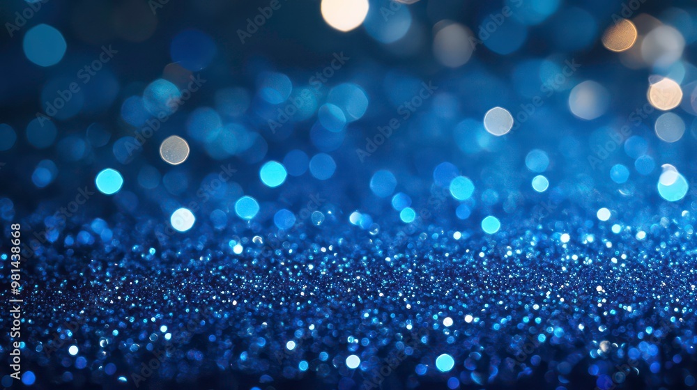 Poster abstract blue glitter bokeh background with sparkling lights and defocused circles.
