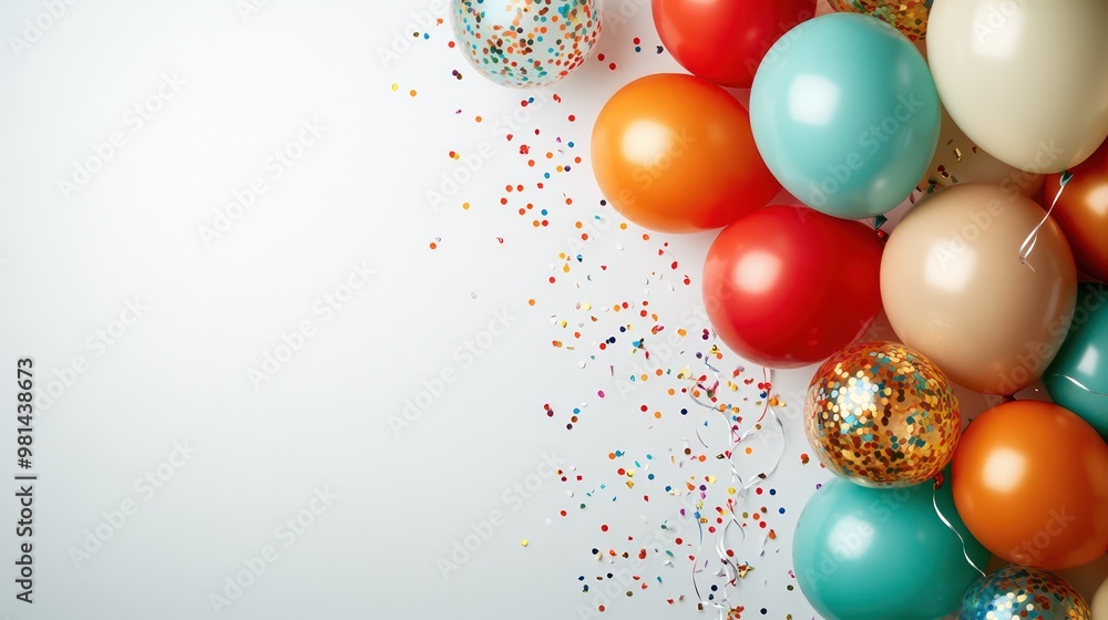 Poster A bunch of colorful balloons and confetti on a white background. The balloons are of different colors and sizes, and the confetti is scattered around them. The image conveys a festive