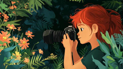 Photography: A creative young animated character with red hair is taking pictures of nature in the backyard using a camera, surrounded by blooming flowers and greenery.