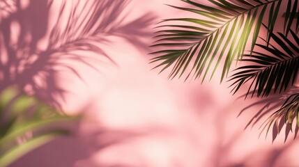 abstract minimalist scene blurred palm leaf shadows on soft pink wall creating organic patterns subtle interplay of light and shadow serene tropical ambiance clean composition