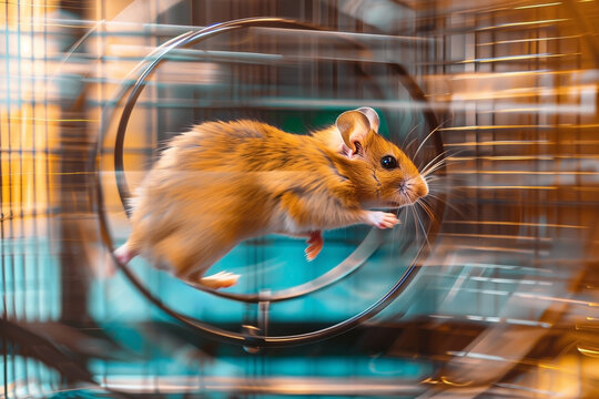 Energetic hamster joyfully jogging on its fun exercise wheel, thrillingly active and cheerful. Generative AI