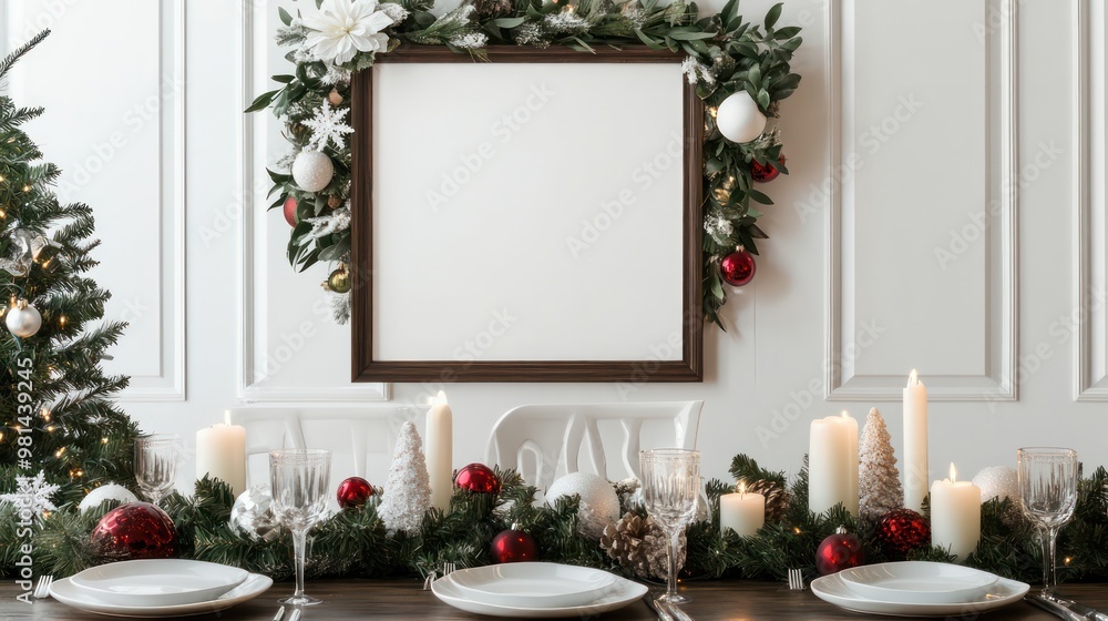 Aufkleber A Christmas table with a white frame and a white background. The frame is empty and the table is set with plates, wine glasses, and candles