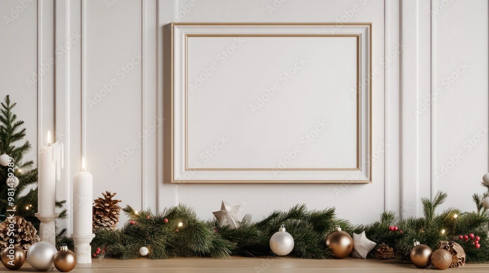 Poster A white frame with a picture of a Christmas tree in it. The frame is surrounded by a wreath of greenery and candles