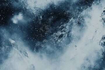 Obraz premium Snowflakes gently fall across a rugged mountain landscape, shrouded in swirling clouds during the twilight hours, evoking winter's tranquility