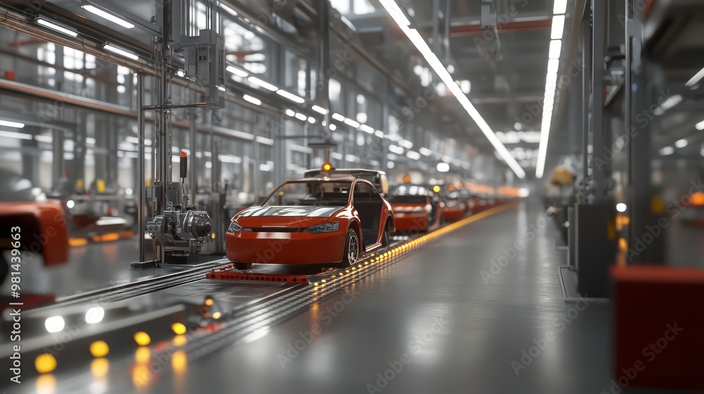 Poster a car moves along an automated assembly line in a modern factory.