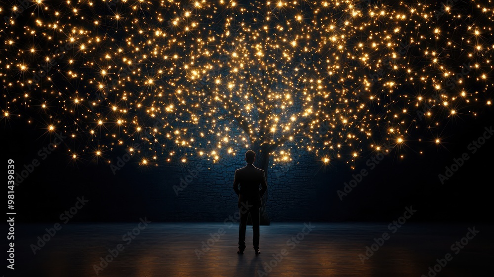 Poster a man stands in front of a glowing tree of stars. the scene is dark and mysterious, with the man loo