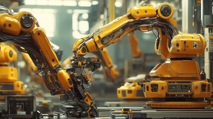 Close-up of a yellow robotic arm working in a factory.