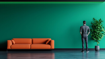 Obraz premium Man standing in modern living room with green wall