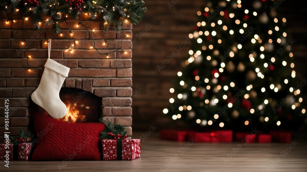 Aufkleber a fireplace with a white stocking hanging from it. a christmas tree is in the background. the scene 