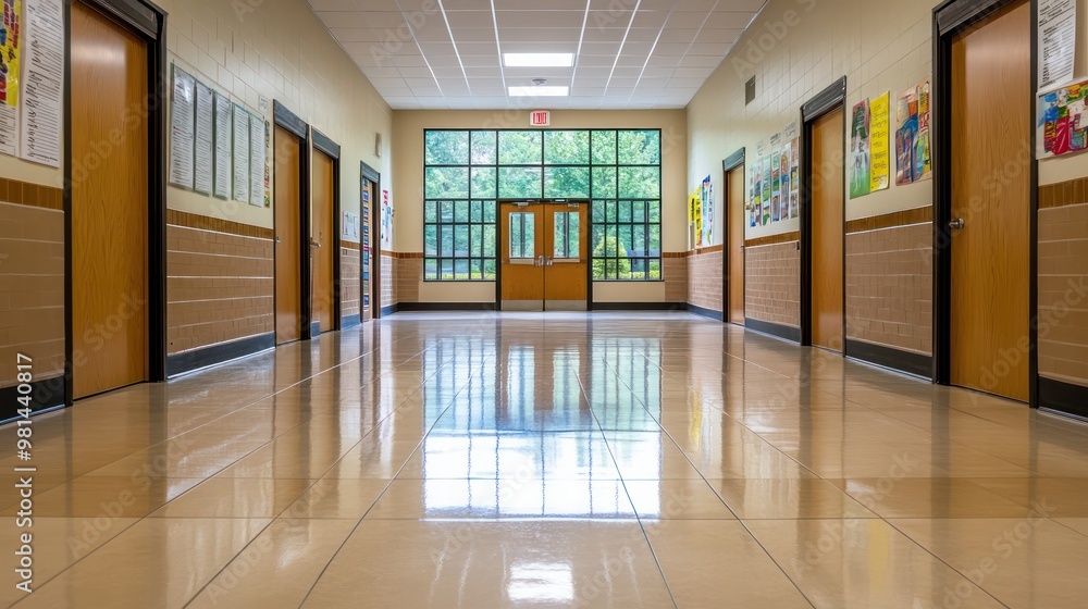 Poster a hallway with a lot of doors and windows. the hallway is empty and the floors are shiny