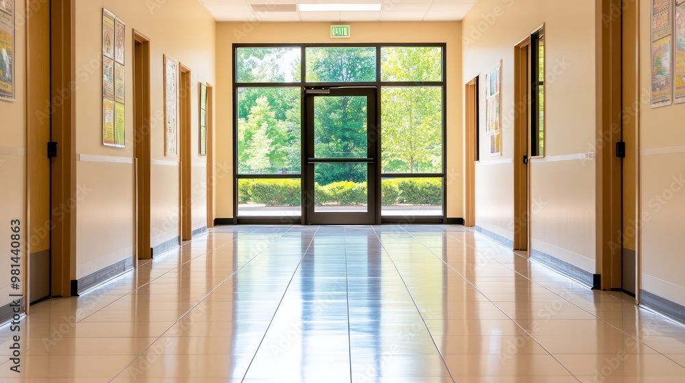 Poster A hallway with a door that says 