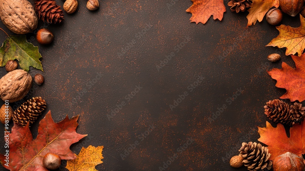 Aufkleber a black background with a frame of leaves and nuts. the frame is made of leaves and nuts, including 