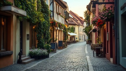 Fototapeta premium charming european cobblestone street lined with colorful facades and quaint cafes soft warm light and lush flower boxes create an inviting atmosphere perfect for travel or lifestyle themes