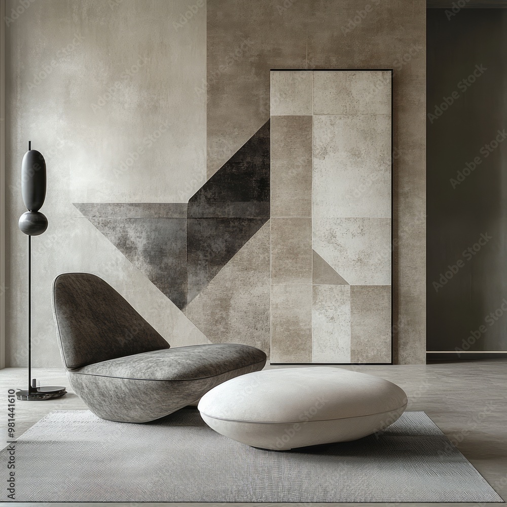 Wall mural Modern living room with a grey armchair, an ottoman, a floor lamp, and a geometric art piece.