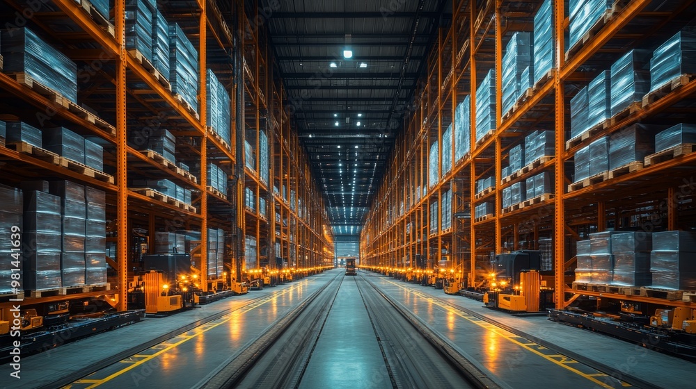 Poster automated guided vehicles operate efficiently in a busy warehouse during evening hours