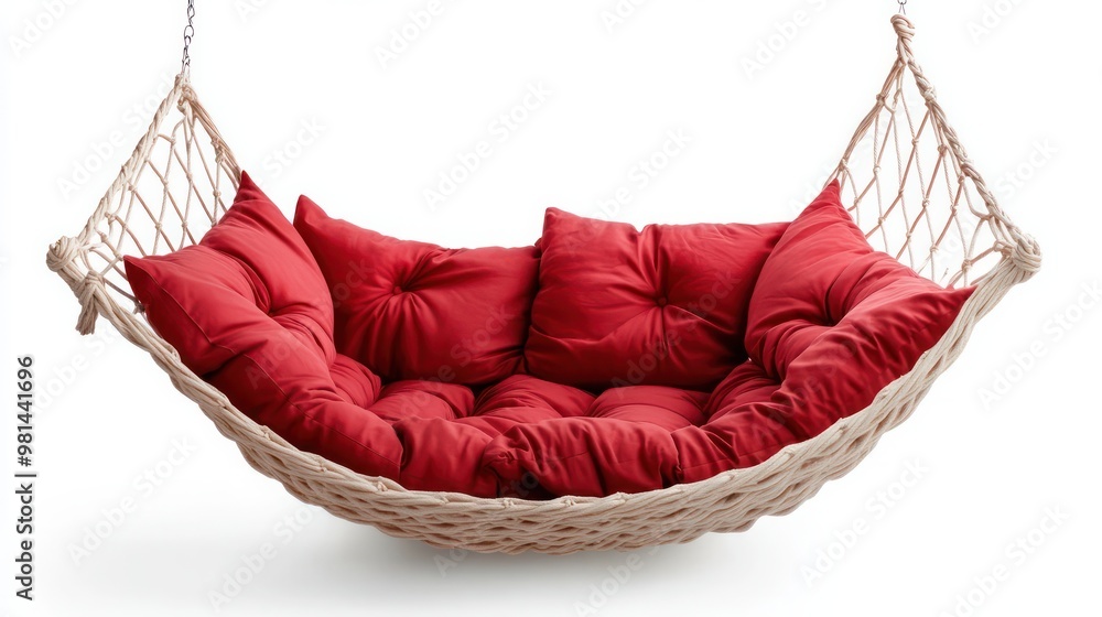 Poster A red and white hammock with red pillows hanging from it. The hammock is suspended in the air and he is empty