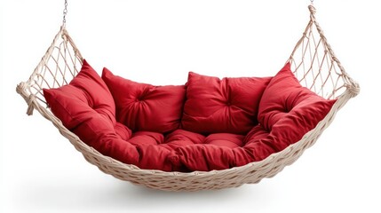 Obraz premium A red and white hammock with red pillows hanging from it. The hammock is suspended in the air and he is empty